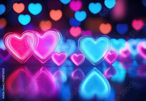 light neon bokeh valentine background blue hearts high resolution high details vibrant
