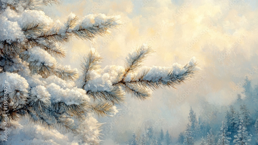 Obraz premium Snow Laden Pine Branches Winter Landscape Painting