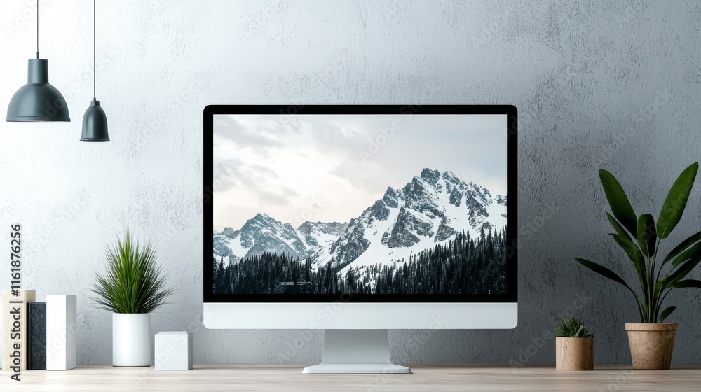 Fototapeta premium Serene Workspace, Mountain View on a Modern Desktop. Minimalist aesthetic, peaceful atmosphere