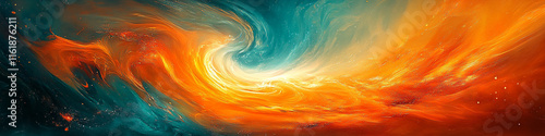 Bold and dynamic orange-teal swirl with abstract, vibrant energy patterns