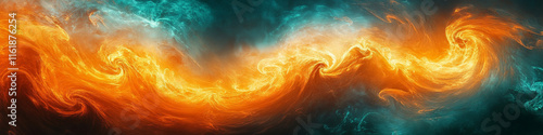 Bold and dynamic orange-teal swirl with abstract, vibrant energy patterns
