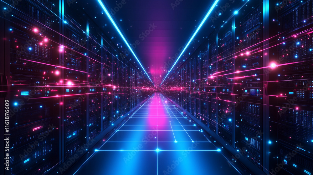Fototapeta premium A high-tech corridor lined with servers, characterized by glowing data streams, Futuristic Data Center Corridor with Glowing Blue and Red Lights, 