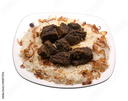 deep fried pepper beef Peshawar rice in a white ceramic plate photo