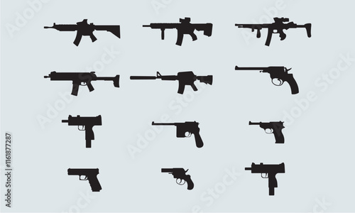 Collection of Firearm and Gun Silhouettes in Various Shapes and Sizes