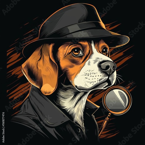 Detective Dog in Fedora Hat and Magnifying Glass Illustrates Clever Canine Detective for Mysterious Themes photo