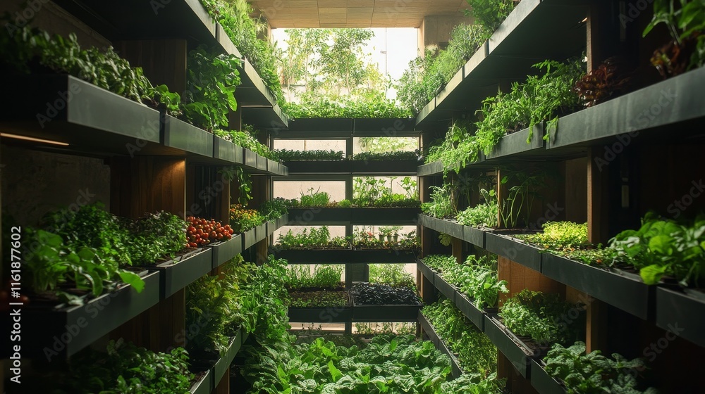 The vertical farm in the basement of the apartment building grows vegetables such as chili peppers and leafy greens. The skylight creates a sustainable and harmonious agricultural environment. The vertical farm in the basement of the apartment building grows vegetables such as chili peppers and leafy greens. The skylight creates a sustainable and harmonious agricultural environment.