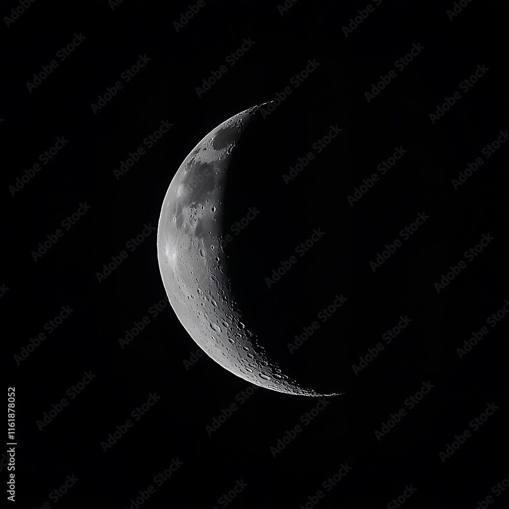 Close up picture of waxing crescent moon in dark sky

