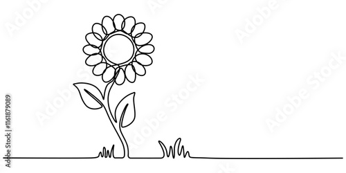 Vector continuous one simple single abstract line drawing of sun flower isolated on white background, One line sunflower element. Black and white monochrome continuous single line art, Sunflower pro.