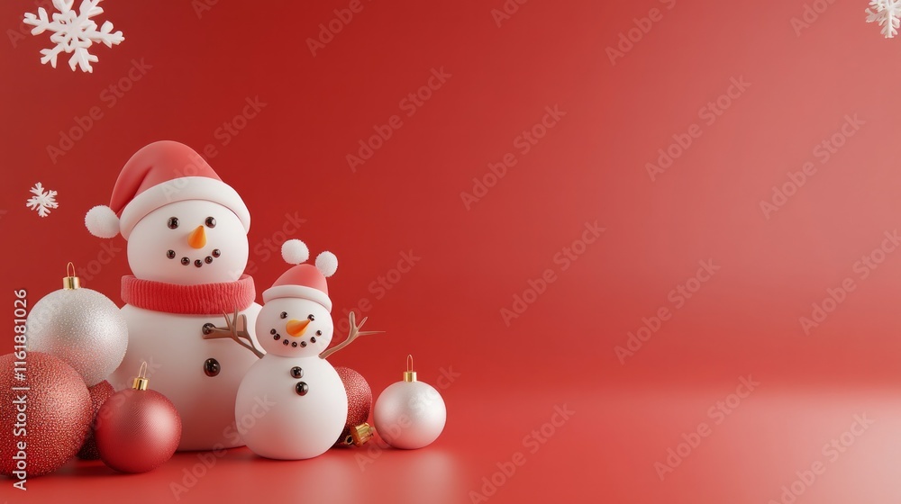 Two snowmen are standing on a red background with many Christmas decorations Two snowmen are standing on a red background with many Christmas decorations