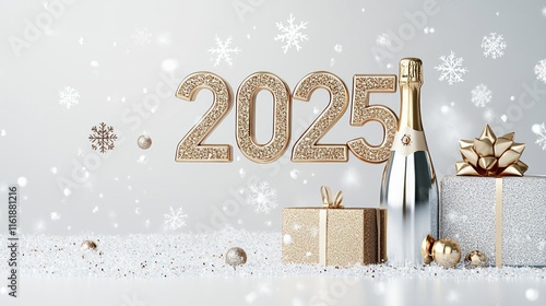 A champagne bottle and two boxes are on a white background with the number twent photo