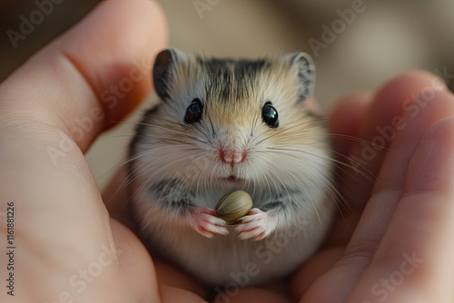 Hamster holding a sunflower seed, captured on white to emphasize cuteness photo