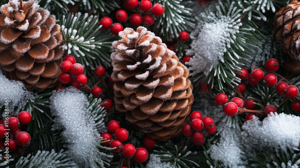 Snow Covered Pine Cones Berries and Evergreen Branches Snow Covered Pine Cones Berries and Evergreen Branches