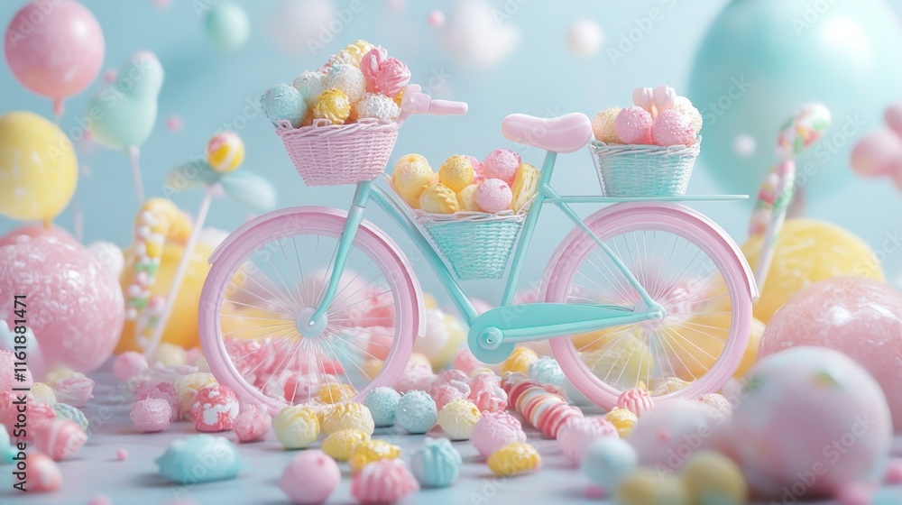 A pink and green bicycle with a basket full of candy A pink and green bicycle with a basket full of candy