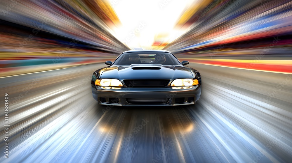 Naklejka premium Red sports car racing at high speed on a drag strip, showcasing the thrill of competition and the pursuit of performance excellence