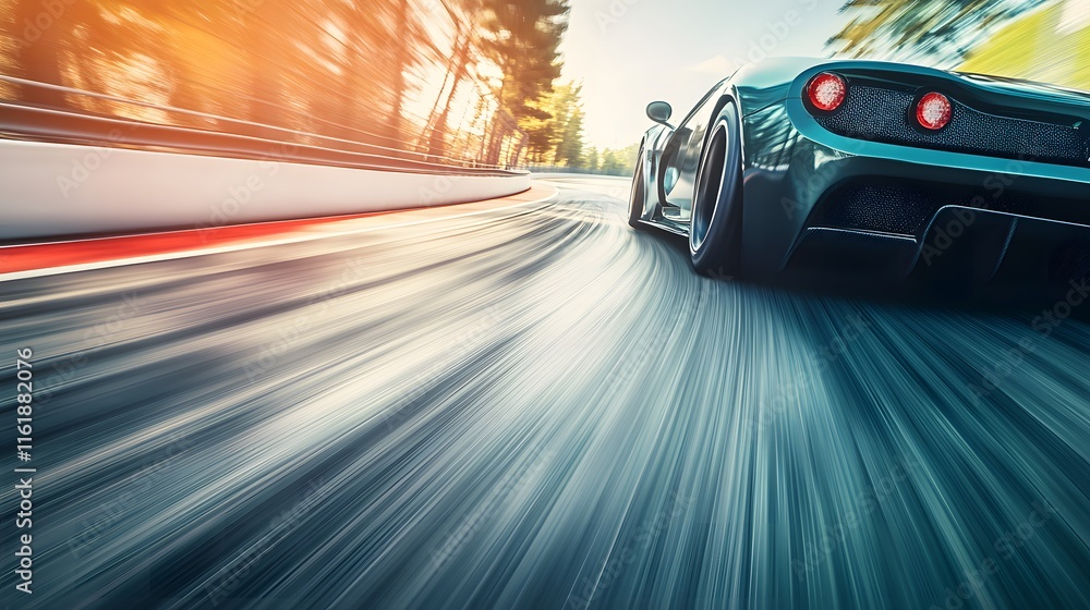 Obraz premium Red sports car racing at high speed on a drag strip, showcasing the thrill of competition and the pursuit of performance excellence