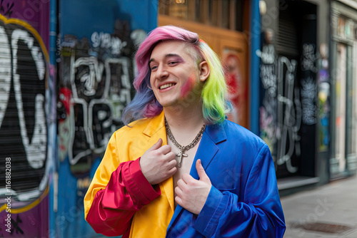 Gender-fluid individual smiling with colorful hair and bold fashion, embracing identity photo