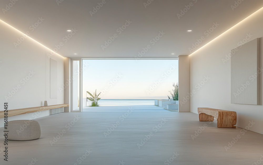 Modern minimalistic interior with ocean view at sunset showcases serene atmosphere Modern minimalistic interior with ocean view at sunset showcases serene atmosphere