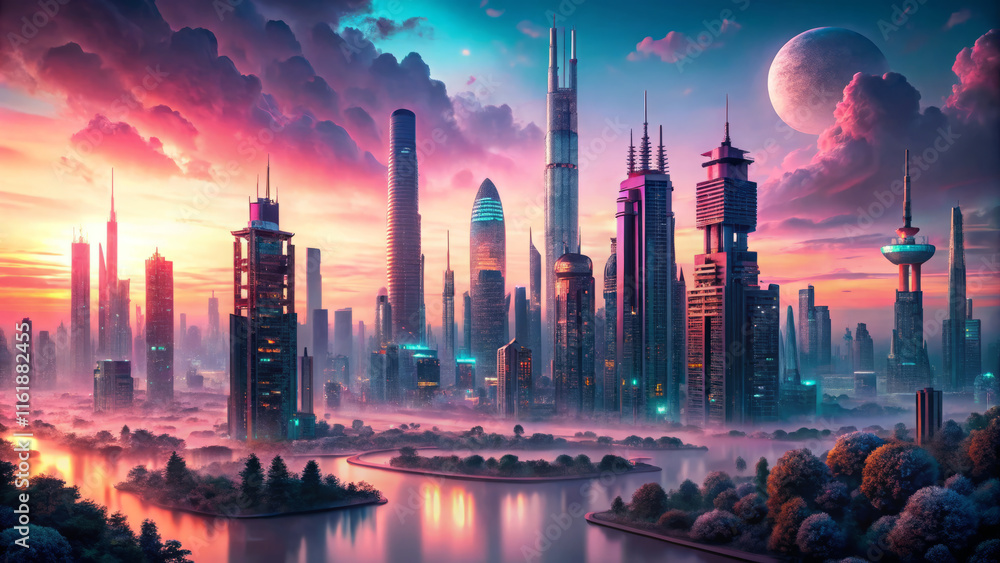 vibrant futuristic city skyline at sunset, reflecting on water