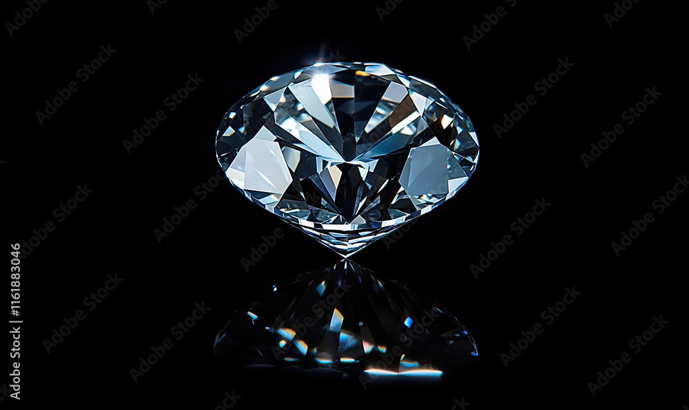 A stunning, large diamond with a round brilliant cut, sparkling under the studio lighting against a dark background, showcasing its brilliant reflections. A stunning, large diamond with a round brilliant cut, sparkling under the studio lighting against a dark background, showcasing its brilliant reflections.