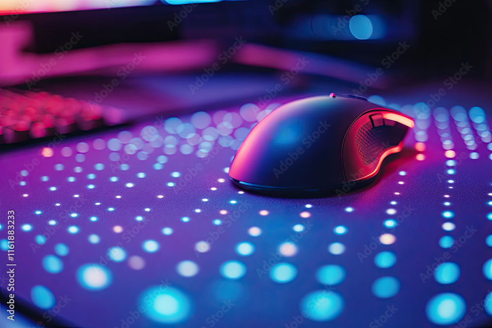 A mouse pad with a glowing pattern, bouncing playfully as a mouse slides across A mouse pad with a glowing pattern, bouncing playfully as a mouse slides across