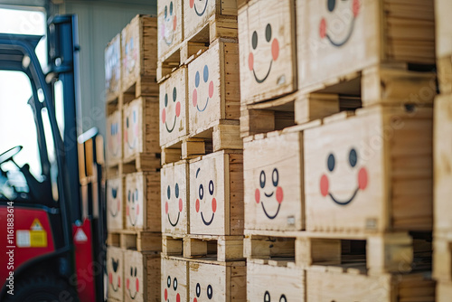 A forklift lifting cartoon crates with happy faces, stacking them into a neat pile photo