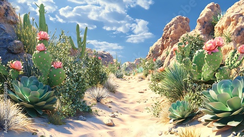 Desert Path Among Blooming Cactus And Succulents photo