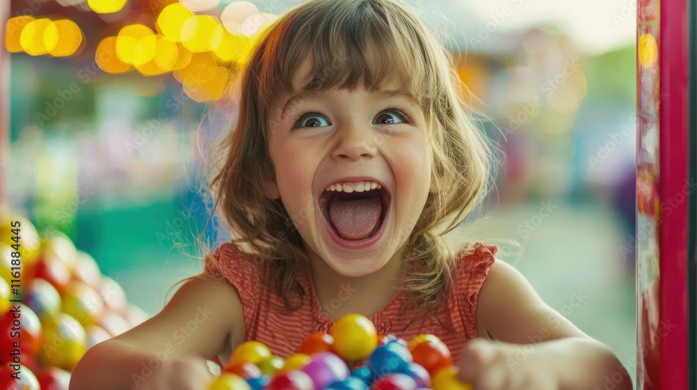 A child excitedly pulling out a prize from a lucky dip bin at a fair. A child excitedly pulling out a prize from a lucky dip bin at a fair.