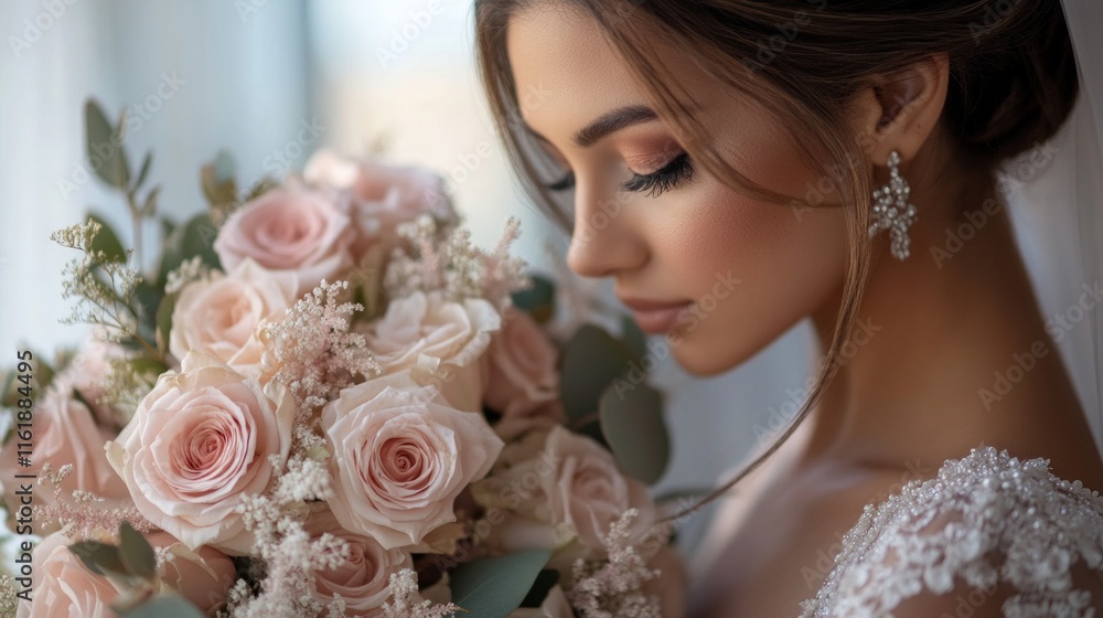 Naklejka premium A woman wearing a wedding dress and holding a bouquet of flowers