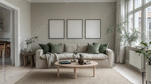 Modern living room interior with linen sofa, neutral color palette, three blank frames, plants, and wooden coffee table.