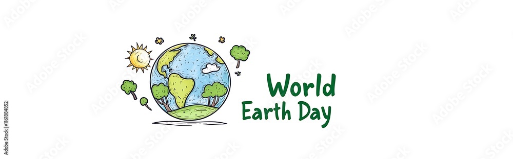 Fototapeta premium A simple line drawing of the Earth with trees and clouds around it, earth day concept