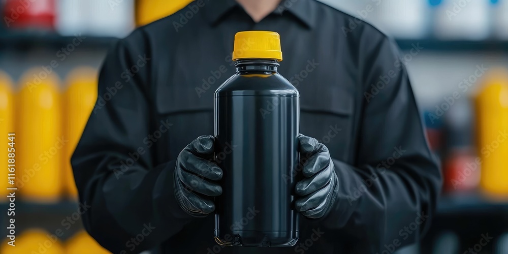 Person in black gloves holding a black bottle with a yellow cap. Person in black gloves holding a black bottle with a yellow cap.