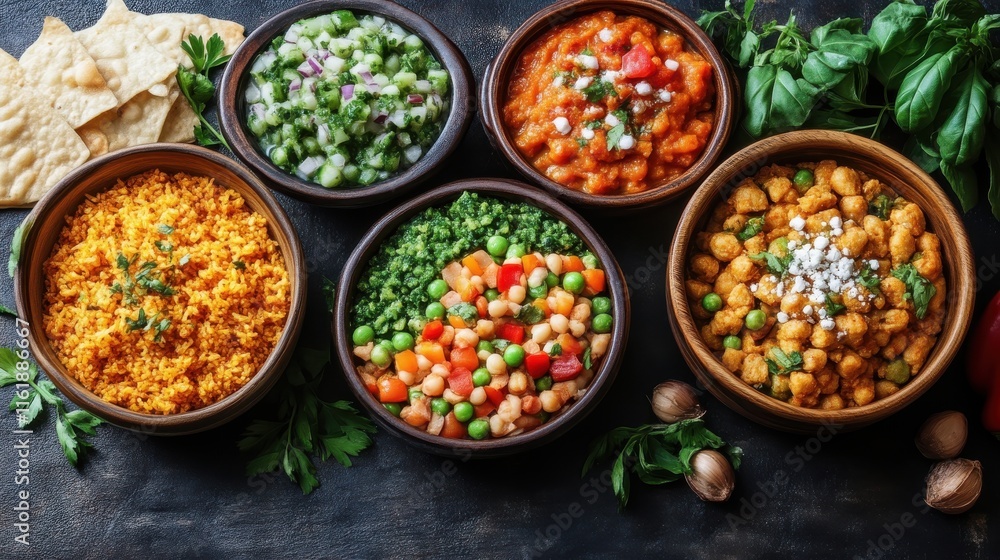 Diverse bowls of flavorful Indian cuisine, including rice, chickpeas, and vegetable dishes. Diverse bowls of flavorful Indian cuisine, including rice, chickpeas, and vegetable dishes.