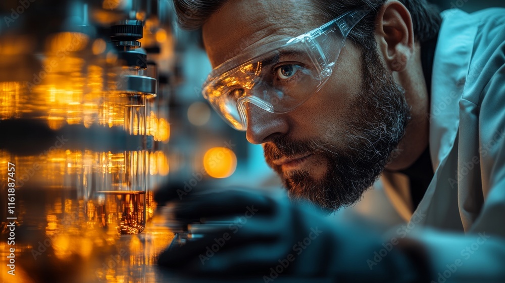 A man wearing a lab coat and safety goggles is looking at a container A man wearing a lab coat and safety goggles is looking at a container