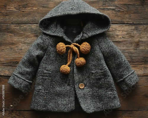 a baby cape coat with a hood and pompom ties in a soft grey color photo