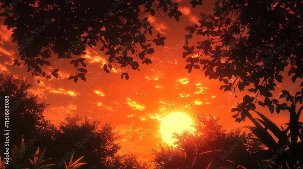Fiery sunset through silhouetted trees and foliage. Fiery sunset through silhouetted trees and foliage.