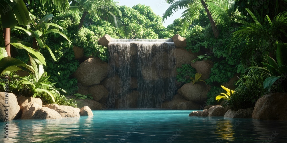 Naklejka premium Serene waterfall cascading into a tranquil turquoise pool, nestled within lush tropical foliage.