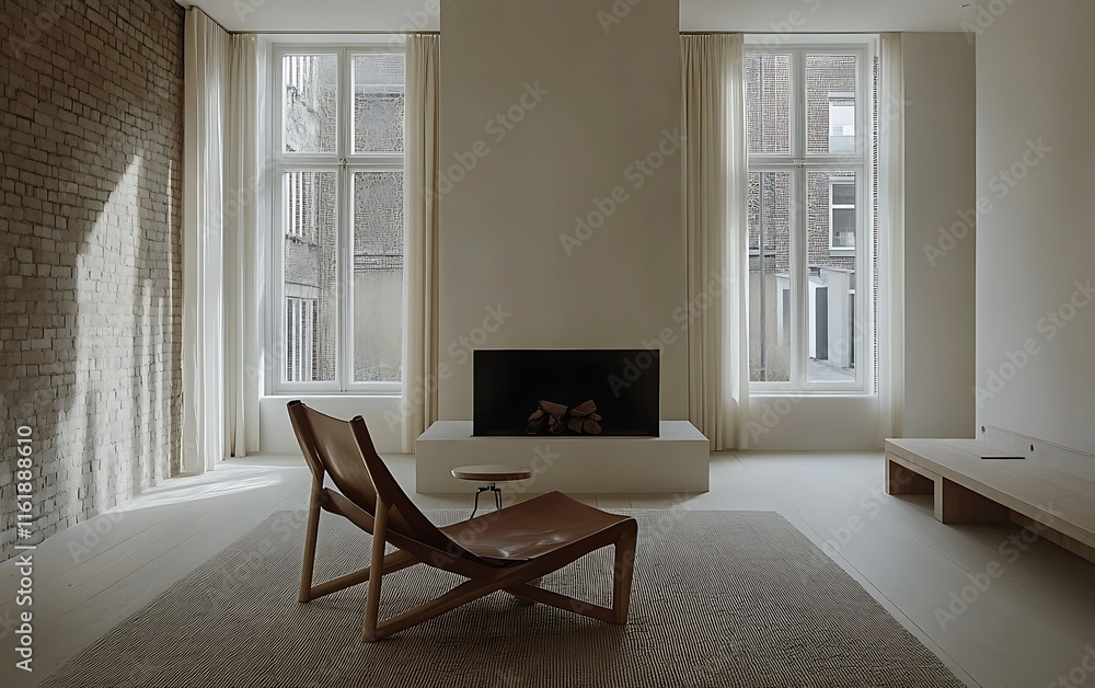 Fototapeta premium Minimalist living room with fireplace, leather chair, and large windows, showcasing natural light and neutral tones.