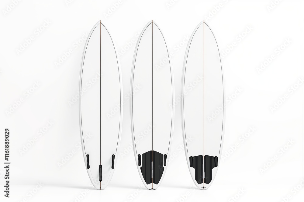Three sleek white surfboards withfins displayed vertically on a clean white background, showcasing minimalistic surfboard design. Ai generative Three sleek white surfboards withfins displayed vertically on a clean white background, showcasing minimalistic surfboard design. Ai generative