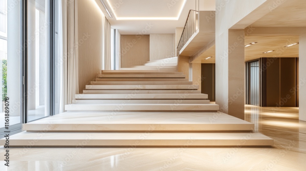 Modern minimalist staircase in a luxury home with natural light and beige tones. Modern minimalist staircase in a luxury home with natural light and beige tones.