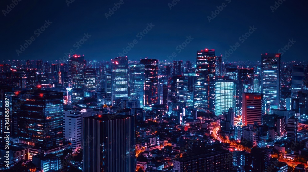 Fototapeta premium Night cityscape, vibrant skyline, urban buildings illuminated, aerial view.
