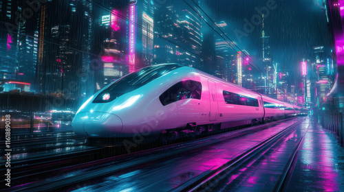 Wallpaper Mural A futuristic bullet train cutting through a neon-lit city at night, reflecting vivid blues and purples, with rain streaking across a dramatic cloudy sky Torontodigital.ca