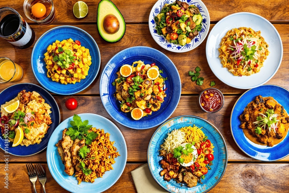 Top view of various colorful dishes served on blue and white plates over a wooden surface, accompanied by fresh ingredients, symbolizing culinary diversity. Ai generative Top view of various colorful dishes served on blue and white plates over a wooden surface, accompanied by fresh ingredients, symbolizing culinary diversity. Ai generative