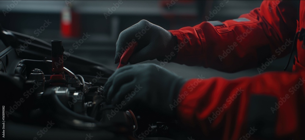 Close-up of gloved hands using jumper cables on a car battery. Close-up of gloved hands using jumper cables on a car battery.