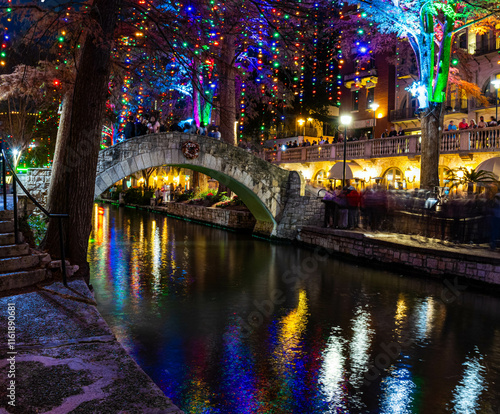 Holiday Lights on The San Antonio River Walk at Night, San Antonio, Texas, USA