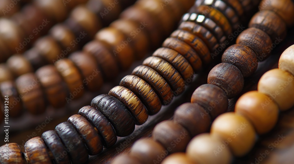 A close-up of wooden beads woven into a necklace, showcasing craftsmanship and detail. A close-up of wooden beads woven into a necklace, showcasing craftsmanship and detail.