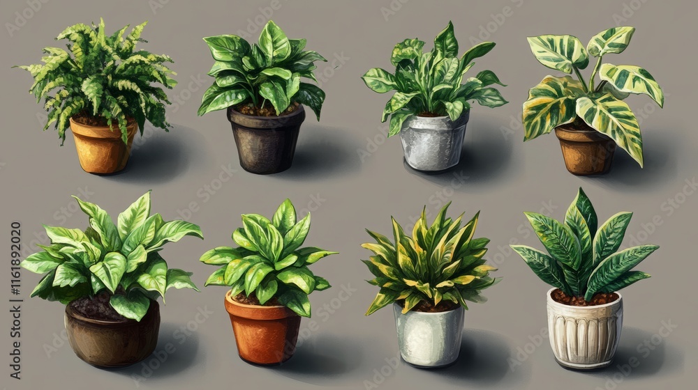 Fototapeta premium Different Types of House Plants and Their Icons
