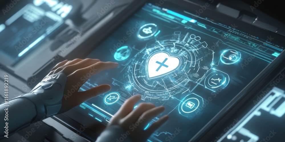Futuristic Healthcare Technology Interface: Advanced Medical System Displaying Digital Heart Monitoring and Patient Data on a High-Tech Screen Futuristic Healthcare Technology Interface: Advanced Medical System Displaying Digital Heart Monitoring and Patient Data on a High-Tech Screen