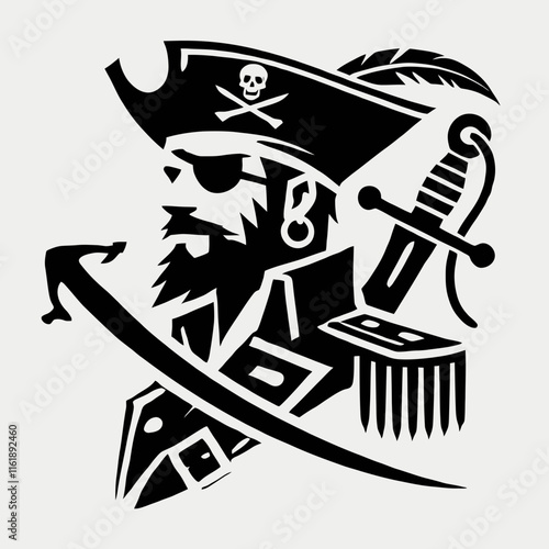 very simple, flat, and minimalist silhouette of a captain pirate in black color on a white background 