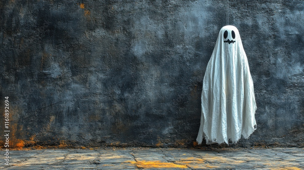 A ghost figure made from a white sheet stands against a textured gray wall. A ghost figure made from a white sheet stands against a textured gray wall.