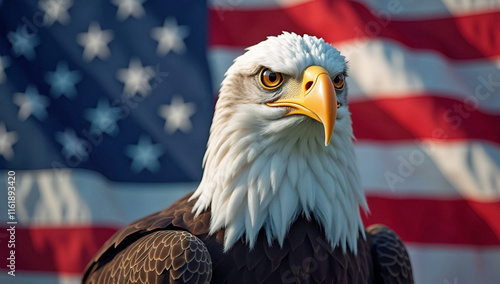 Regal Bald Eagle With Intense Gaze And Bright Yellow Beak Set Against A Vibrant American Flag Emphasizing Strength And Freedom photo